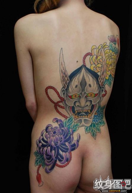 日式背部菊花般若纹身图