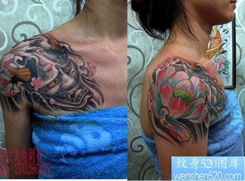 南京纹身图片展示一幅美女的半甲般若与莲花