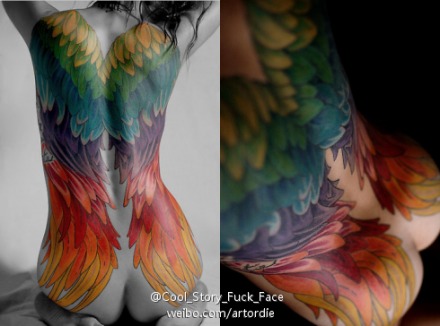 一款彩色满背翅膀纹身图案纹身图片