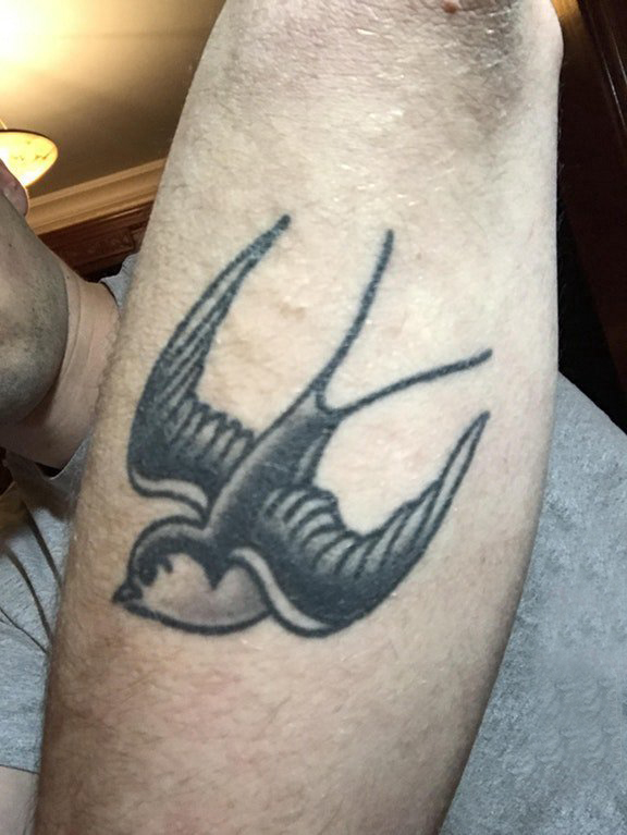 男生手臂上黑色的燕子纹身图片 手臂纹身素材