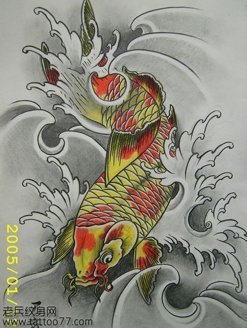 66纹身图库为纹身爱好者提供一款彩色鲤鱼纹身手
