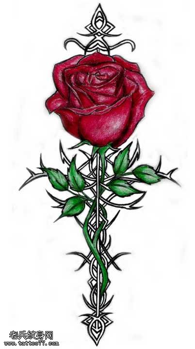 时尚漂亮的十字架玫瑰纹身图案