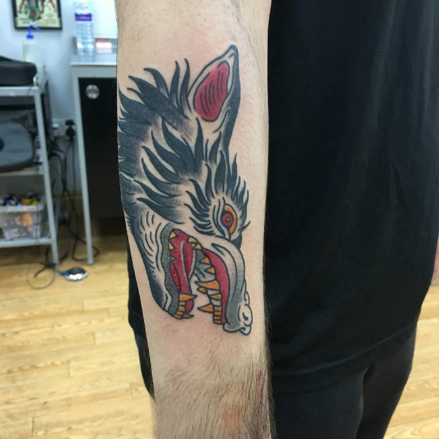 男生手臂上彩色的狼头纹身图片 小动物纹身