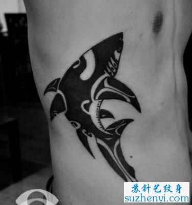 侧胸图腾鲨鱼纹身