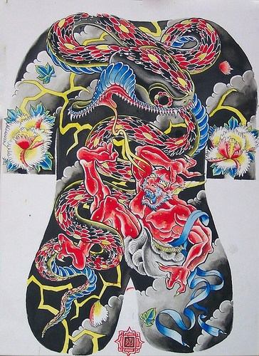 日本全甲红色龙纹身设计图案手稿