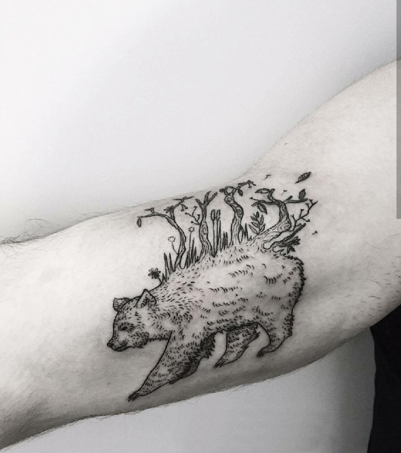 男生手臂上黑色的熊纹身图片 小动物纹身