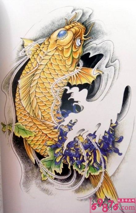 遨游的金色鲤鱼纹身手稿图片