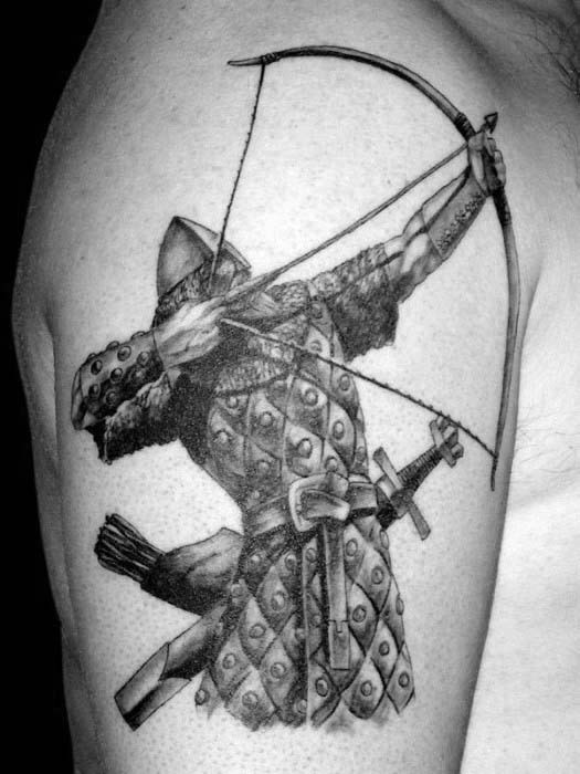 手臂黑灰中世纪弓箭手个性纹身图案