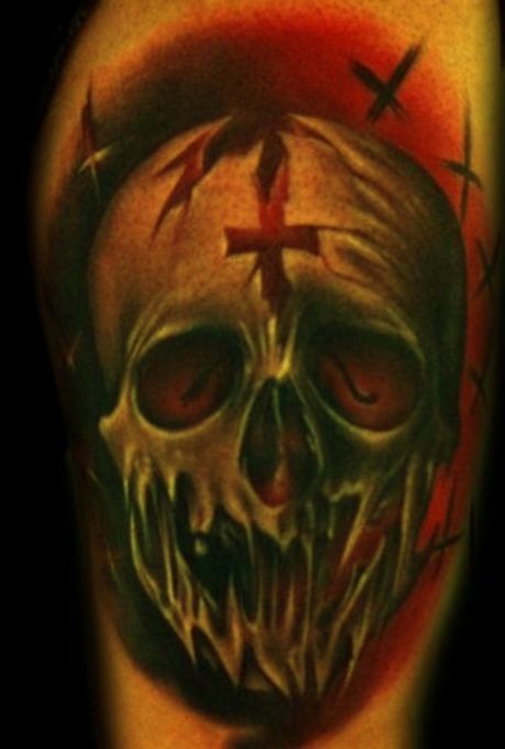 手臂阴森森的骷髅纹身图案