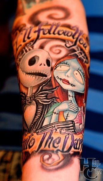 手臂可爱的彩色卡通僵尸新娘纹身图案