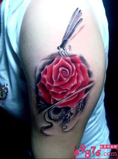 个性手臂时尚好看的玫瑰与蜻蜓纹身图图片